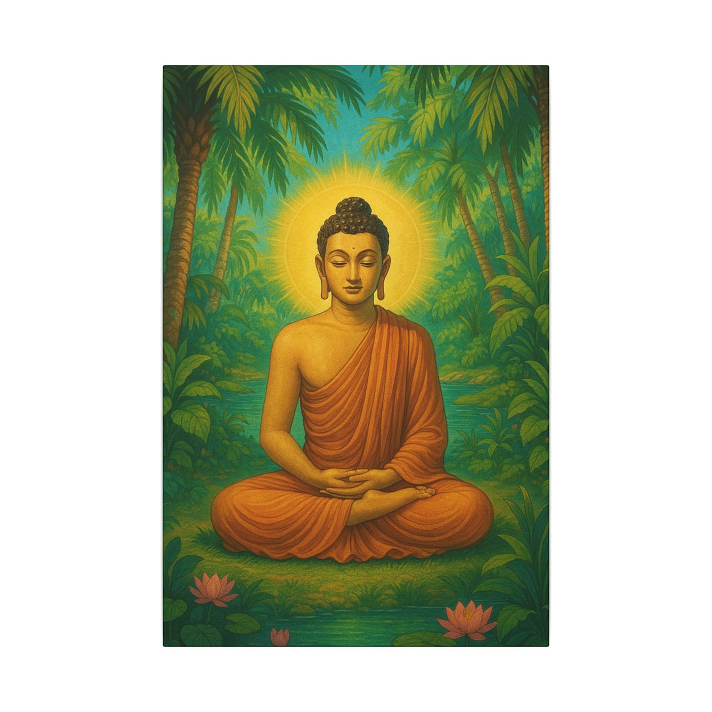 Radiant Buddha Meditating in an Oasis Grove - Vertical Canvas Print