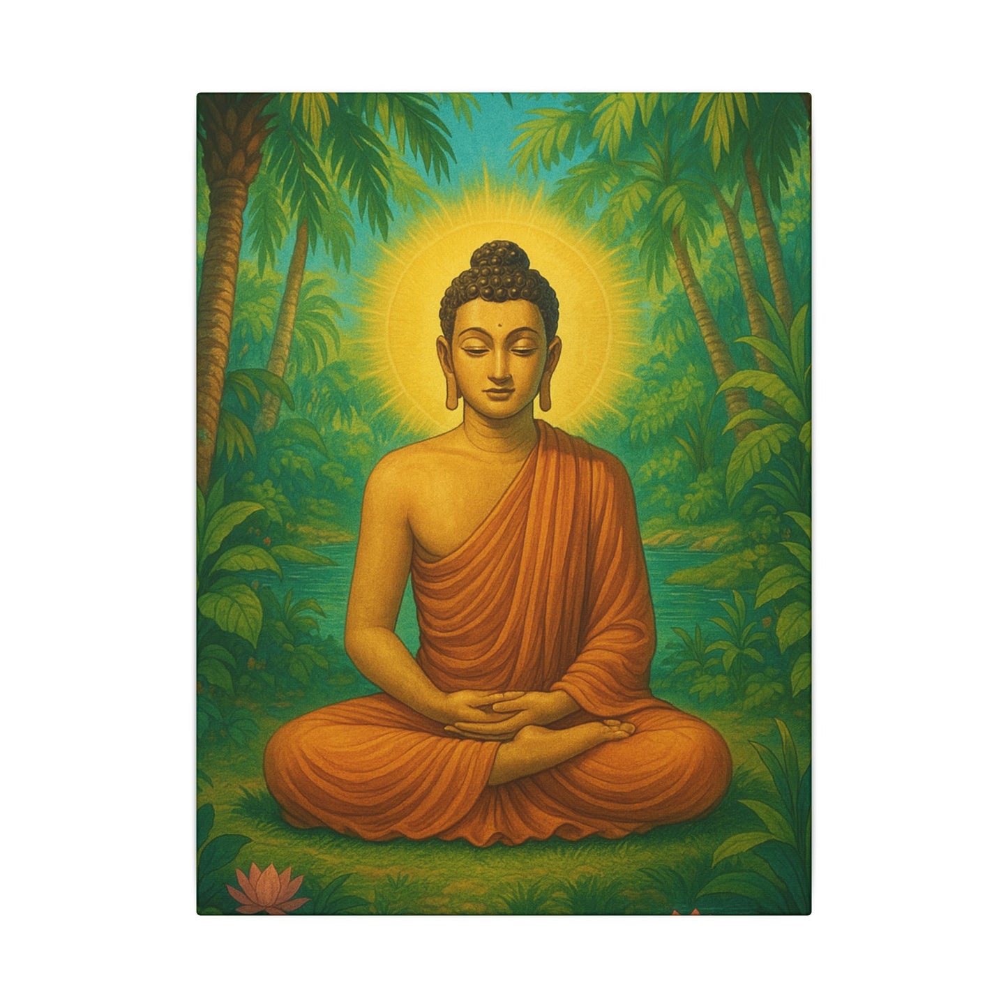Radiant Buddha Meditating in an Oasis Grove - Vertical Canvas Print