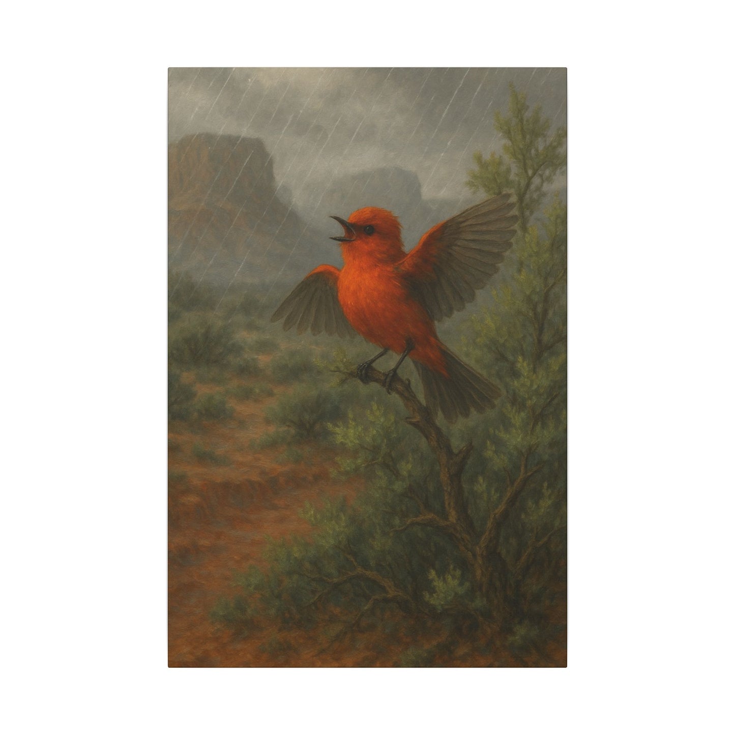 Canvas Print Wall Art - Red Bird Singing During Arizona Rain
