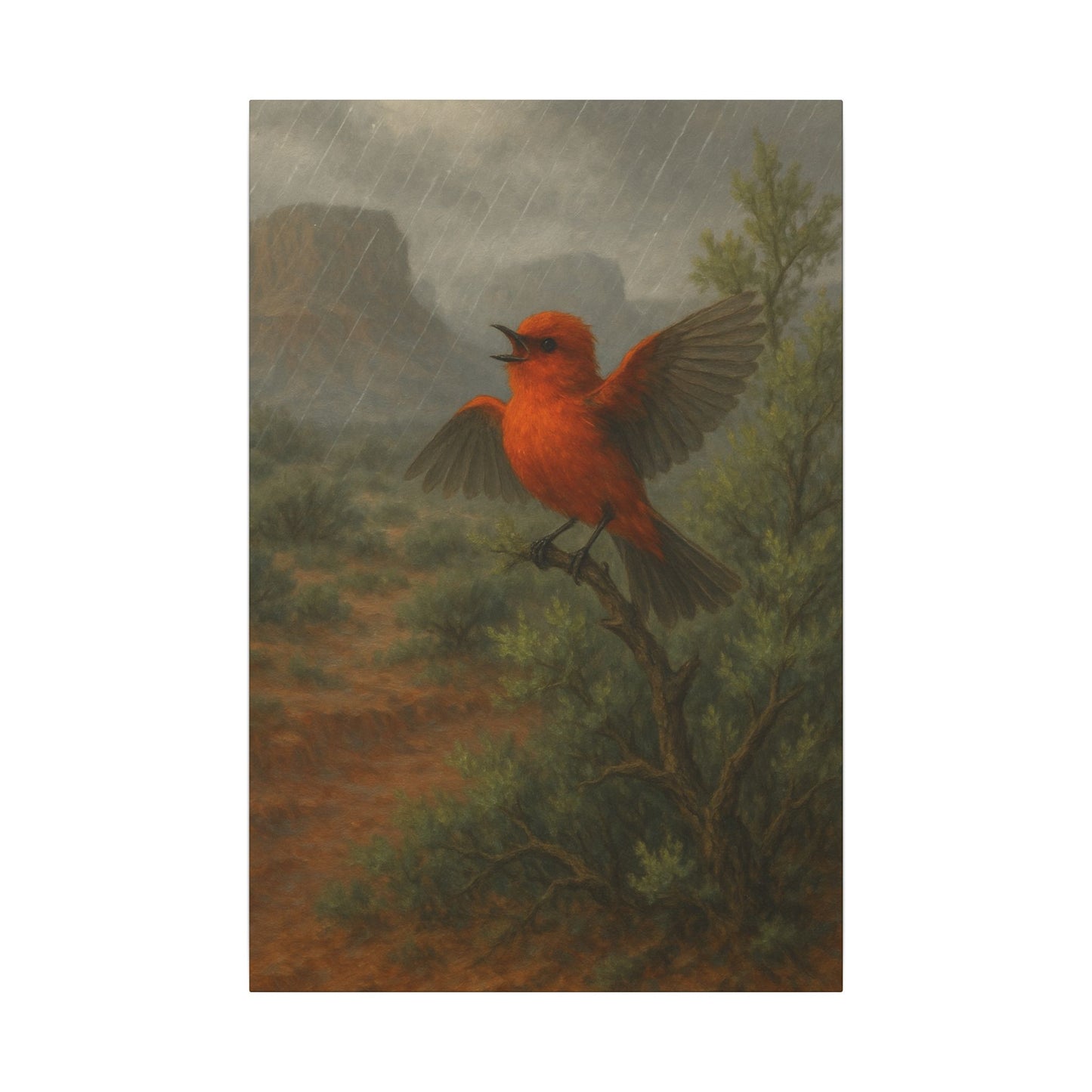 Canvas Print Wall Art - Red Bird Singing During Arizona Rain