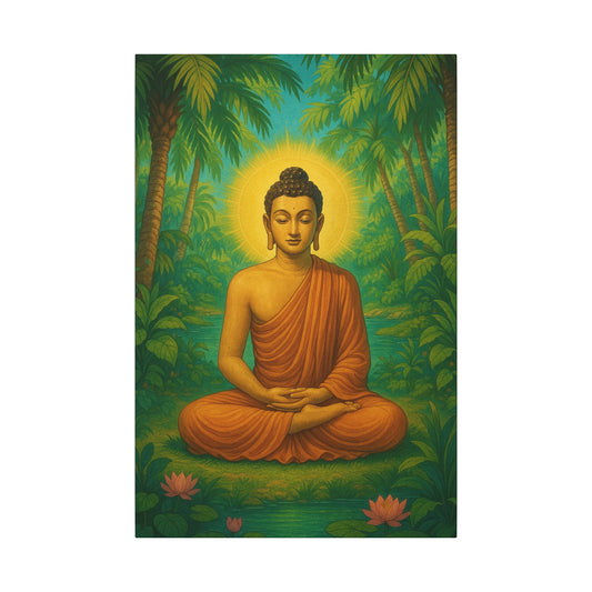 Radiant Buddha Meditating in an Oasis Grove - Vertical Canvas Print