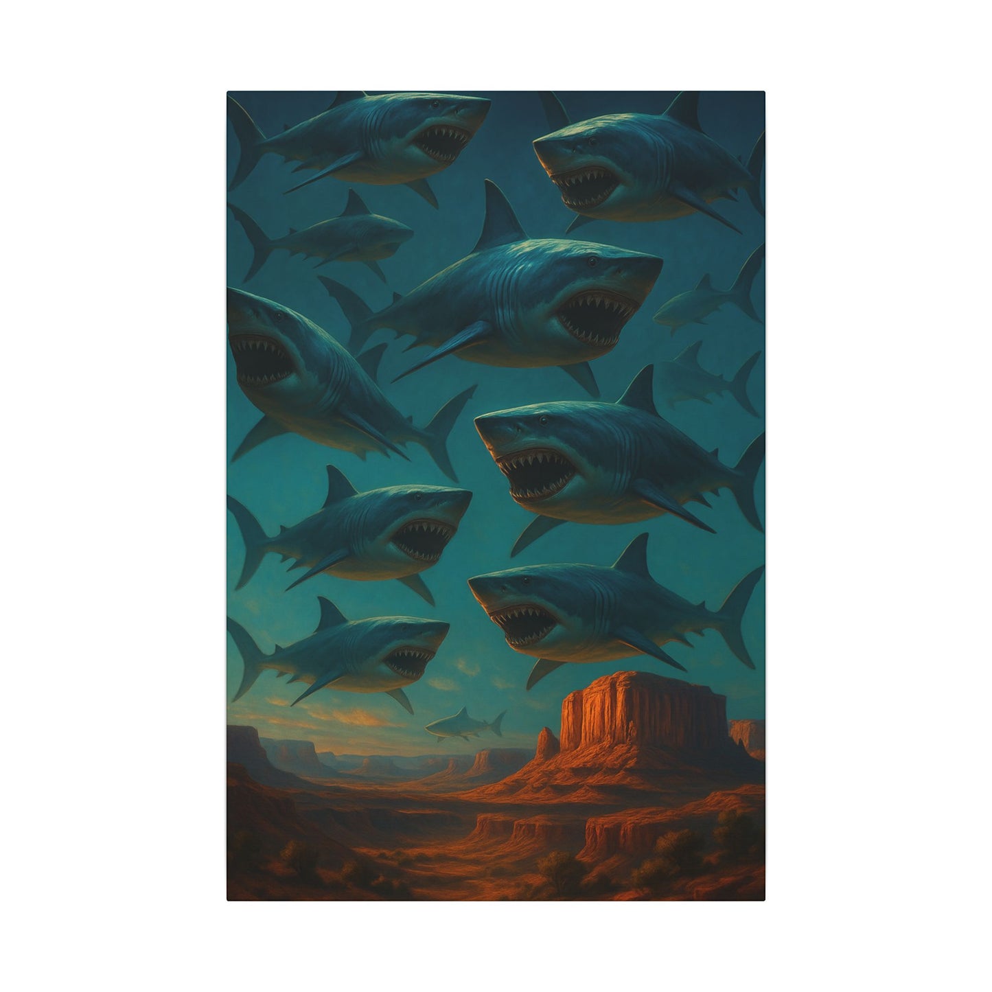 Canvas Wall Art - Surrealist Sharks In The Desert