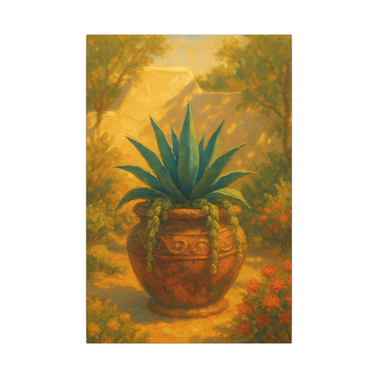 Potted Agave In Warm Sunlit Garden - Vertical Canvas Print
