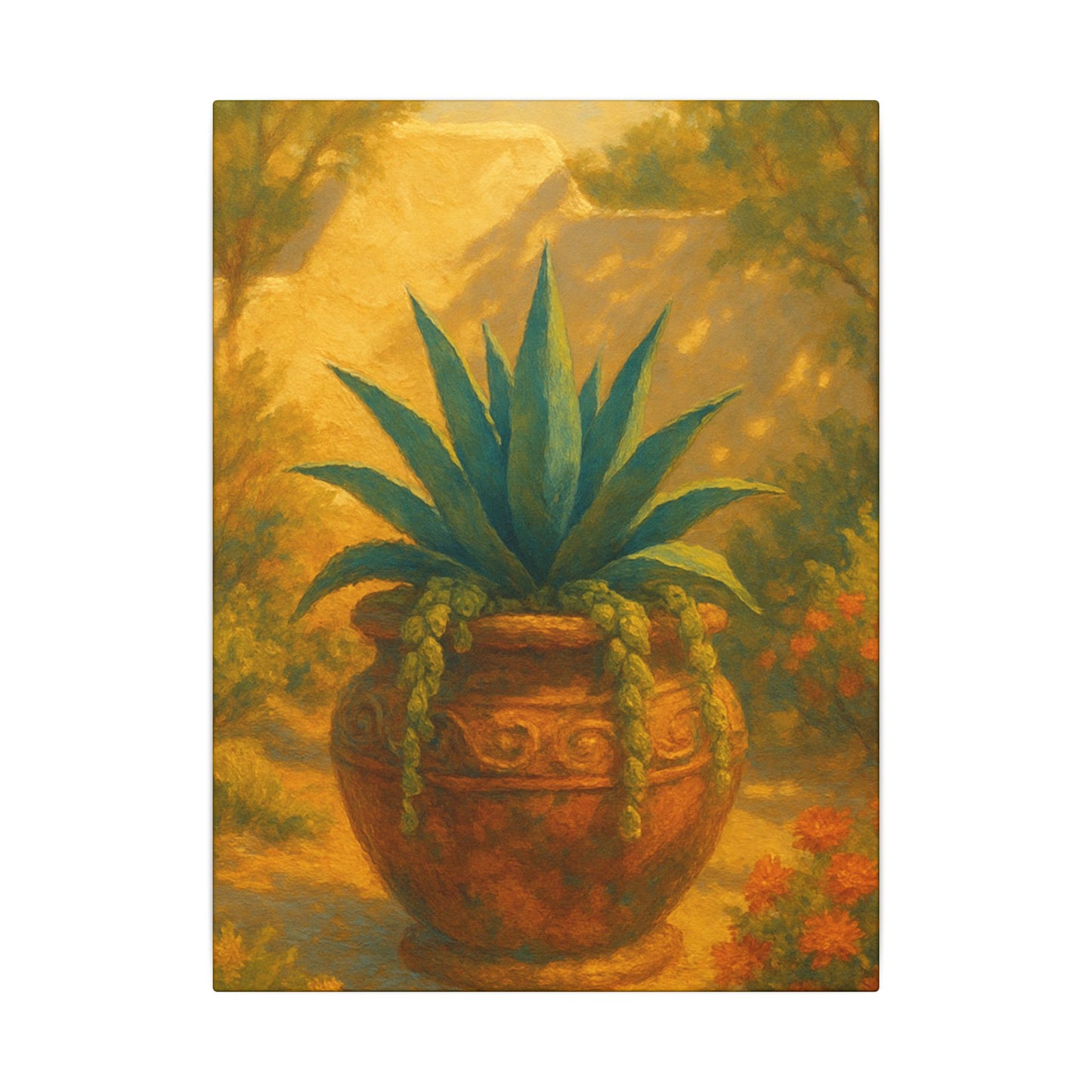 Potted Agave In Warm Sunlit Garden - Vertical Canvas Print