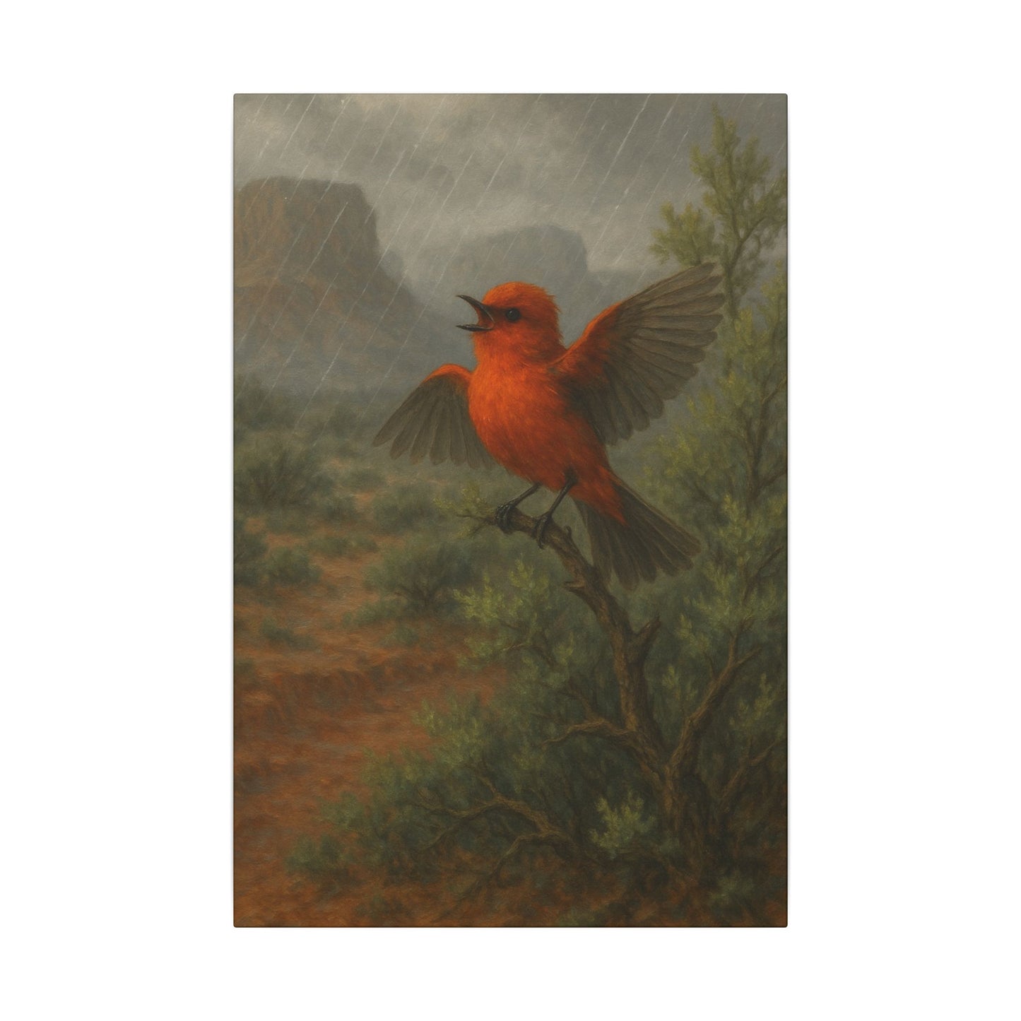 Canvas Print Wall Art - Red Bird Singing During Arizona Rain