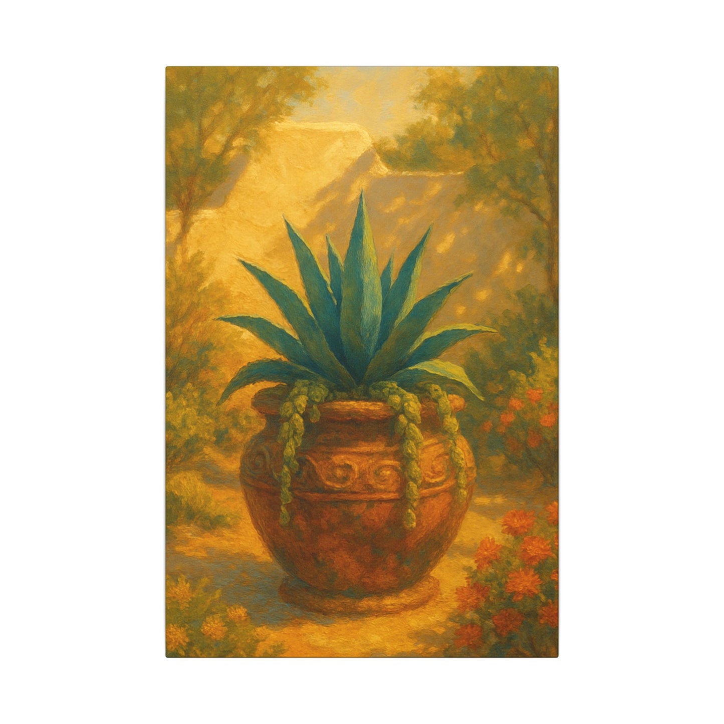 Potted Agave In Warm Sunlit Garden - Vertical Canvas Print
