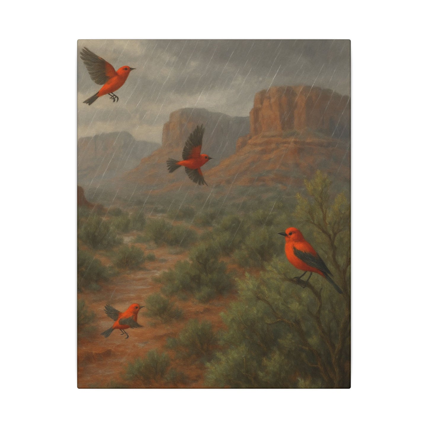 Canvas Wall Art - Red Desert Birds in Rain