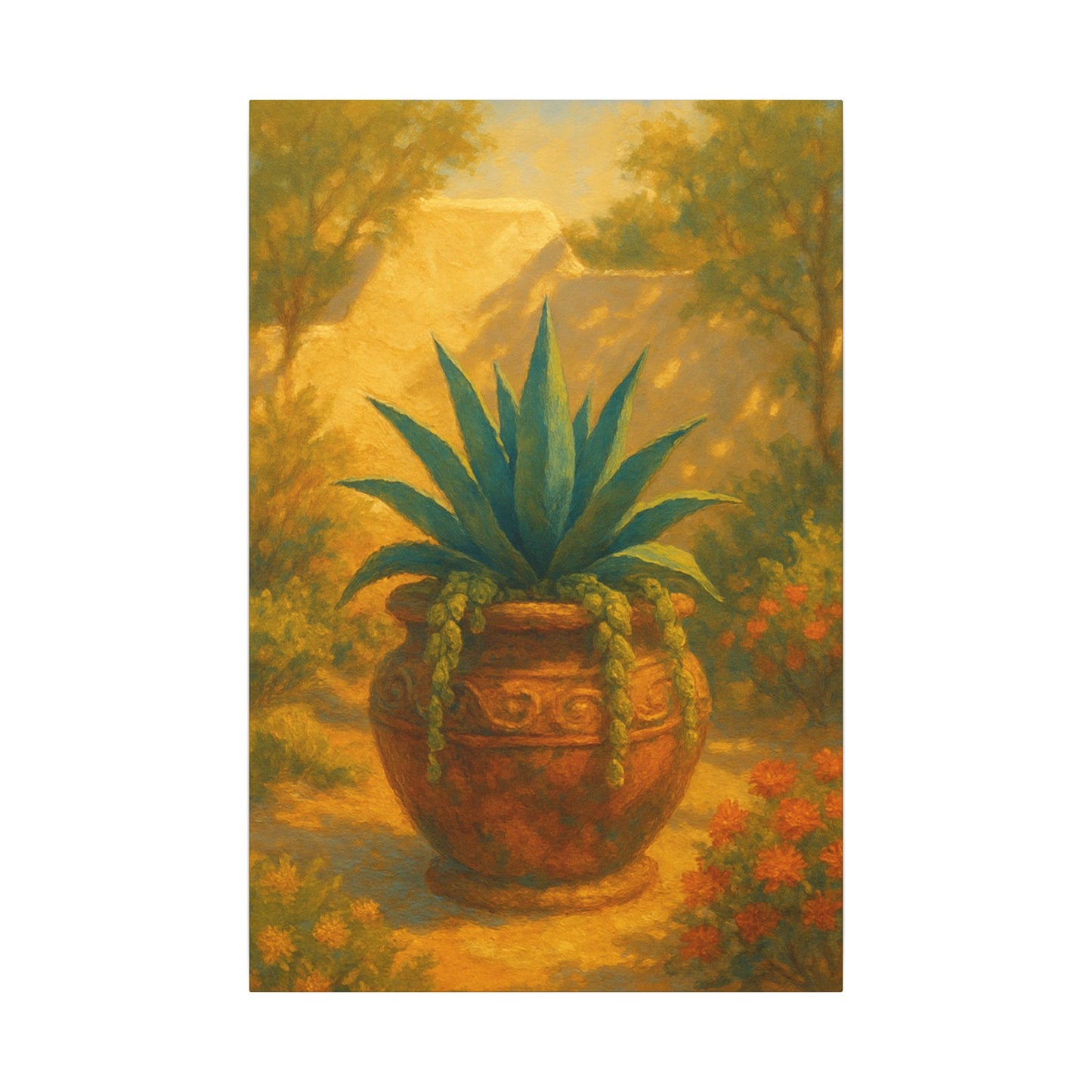 Potted Agave In Warm Sunlit Garden - Vertical Canvas Print